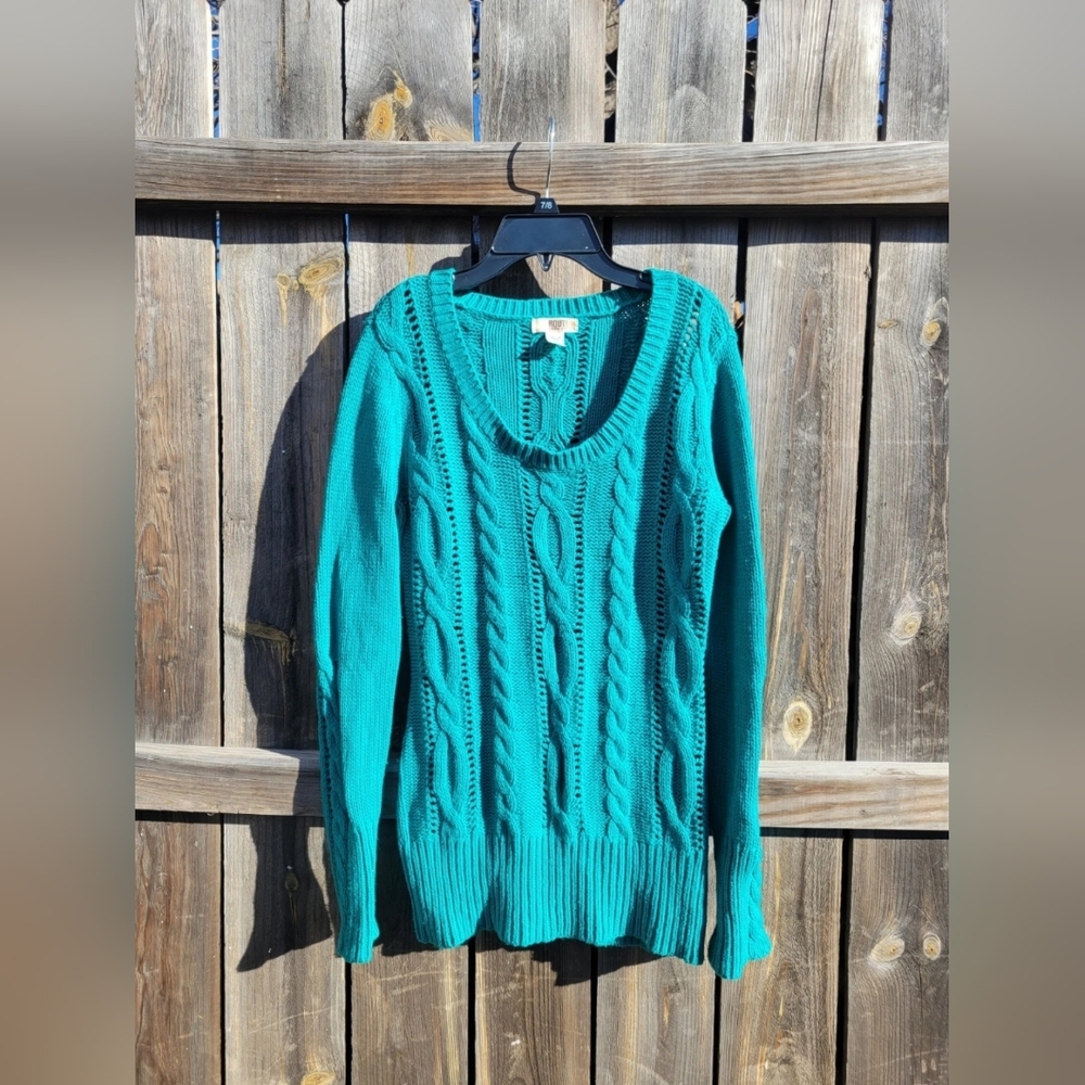 Vtg Route 66 Sweater Womens M Scoop Neck Teal Cable Knit Long Sleeve Y2k